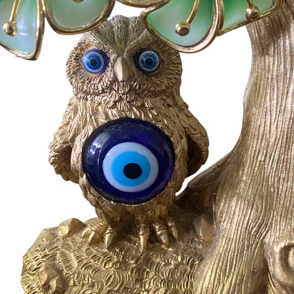 Turkish Blue Evil Eye Tree with Painted Golden Owl Statue Artificial Flowers - Picture 3 of 9